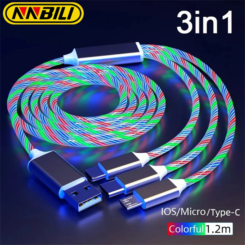 Glowing LED Light USB 3 IN 1 cable Phone Fast Charging Charger Luminous Type C Cable