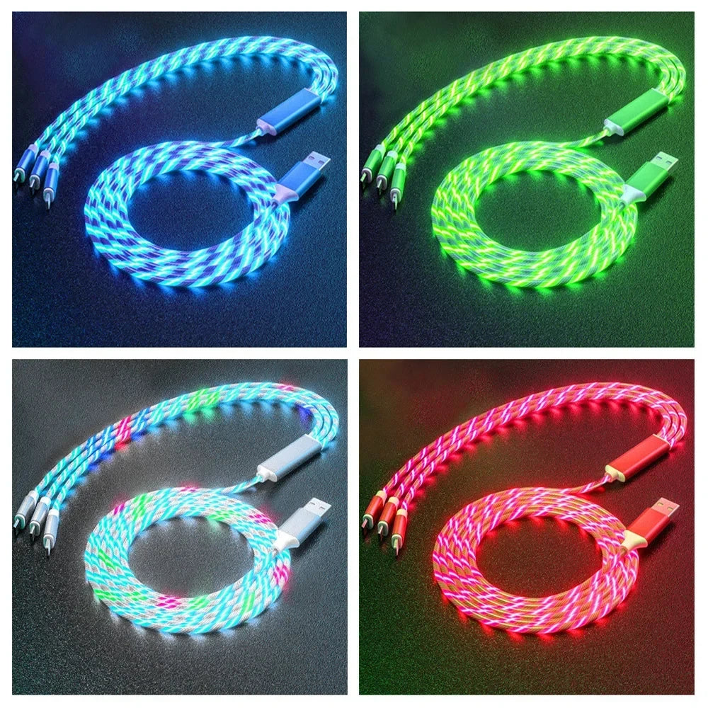 Glowing LED Light USB 3 IN 1 cable Phone Fast Charging Charger Luminous Type C Cable